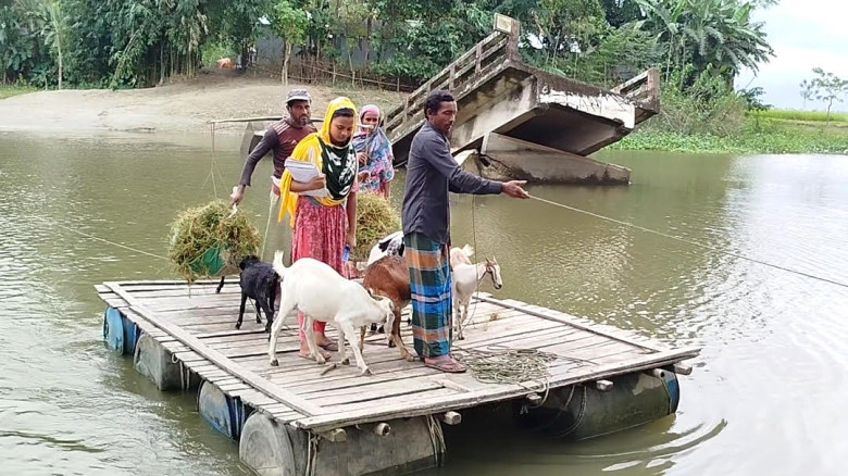 কুড়িগ্রামে ব্রিজ ভাঙায় ড্রামের ভেলায় ৫ হাজার মানুষের পারাপার...